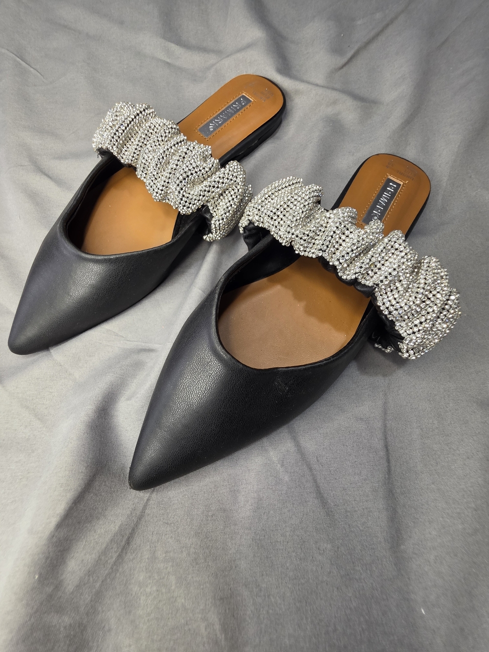 Primark Black Pointed Slip-On Mules with Silver Crystal Strap